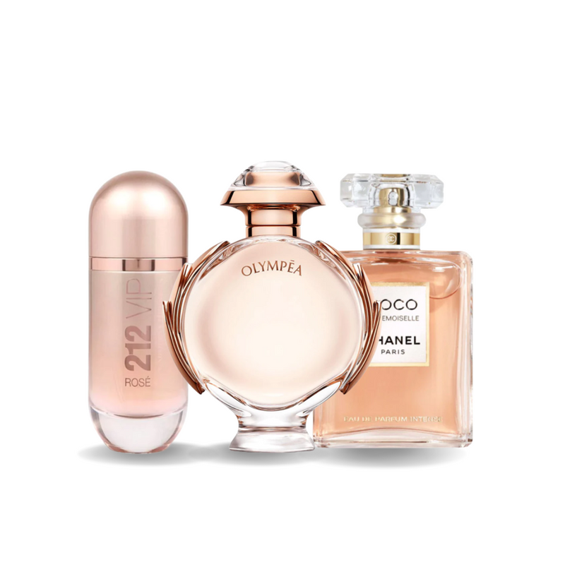 PACK DE 3 PERFUMES: 212 VIP ROSÉ, OLYMPÉA, COCO MADEMOISELLE 100 ml